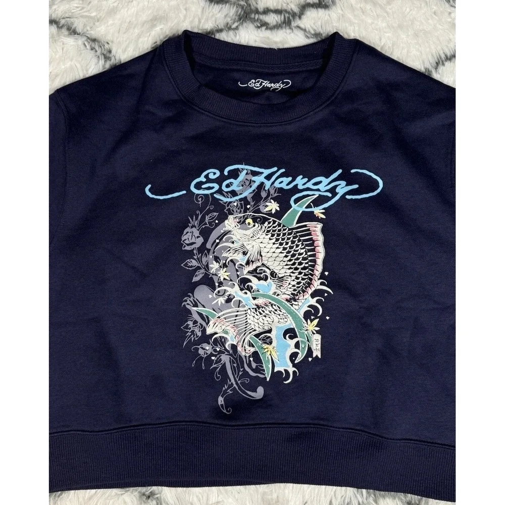 ED HARDY Koi Fish Cropped Pullover Sweater Fleece Navy Eclipse Womens Sz L *NEW*